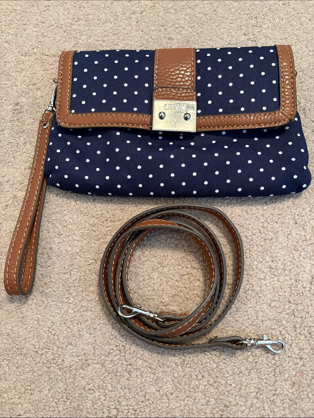 Chaps Navy Polka Dot Wristlet with Brown Vegan Leather Trim